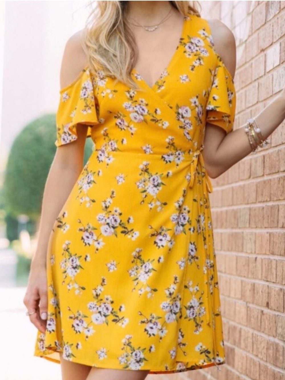 Blue Rain Francesca’s Collections Yellow Floral Cold-Shoulder Wrap Dress